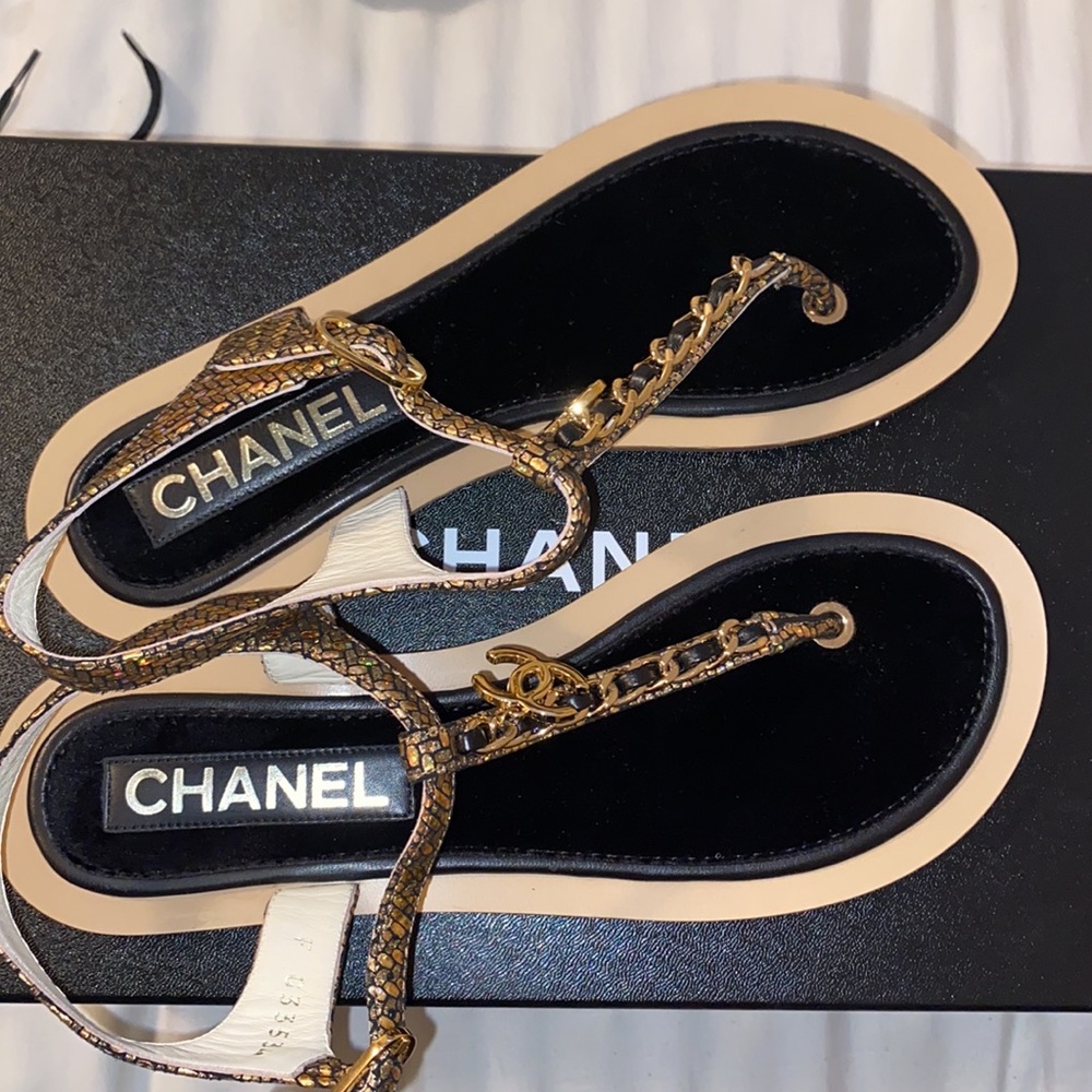 Chanel Fantasy Goatskin Velvet CC Chain Thong Sandals